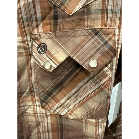Wrangler Men's Western Shirt Large Brown Plaid, Pearl Snap-Up, Long Sleeve - Picture 3 of 6